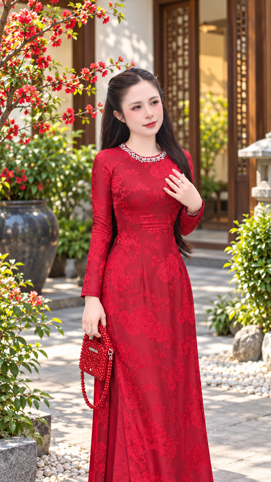Traditional Ao Dai Silk - Red round Crystal neck