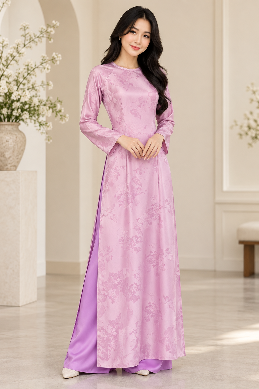 Traditional 5D Silk Ao Dai - Light Mauve round neck
