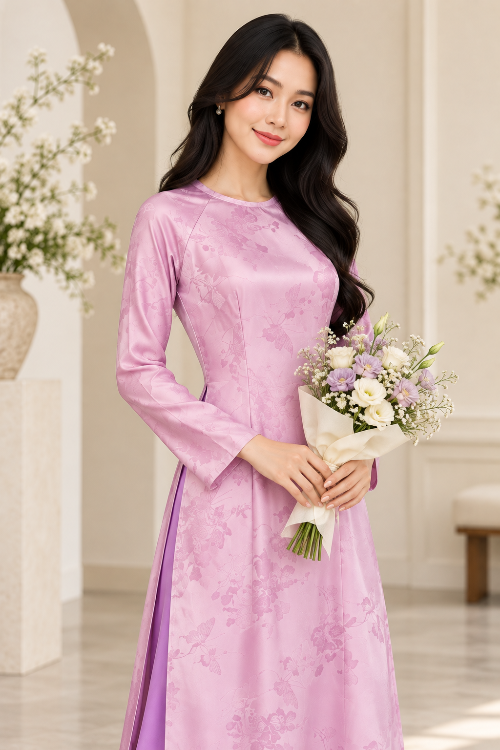 Traditional 5D Silk Ao Dai - Light Mauve round neck