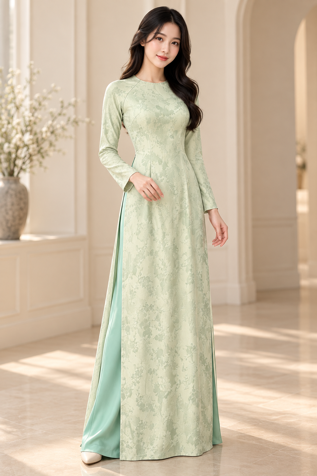 Traditional 5D Silk Áo Dài –  Mint Green