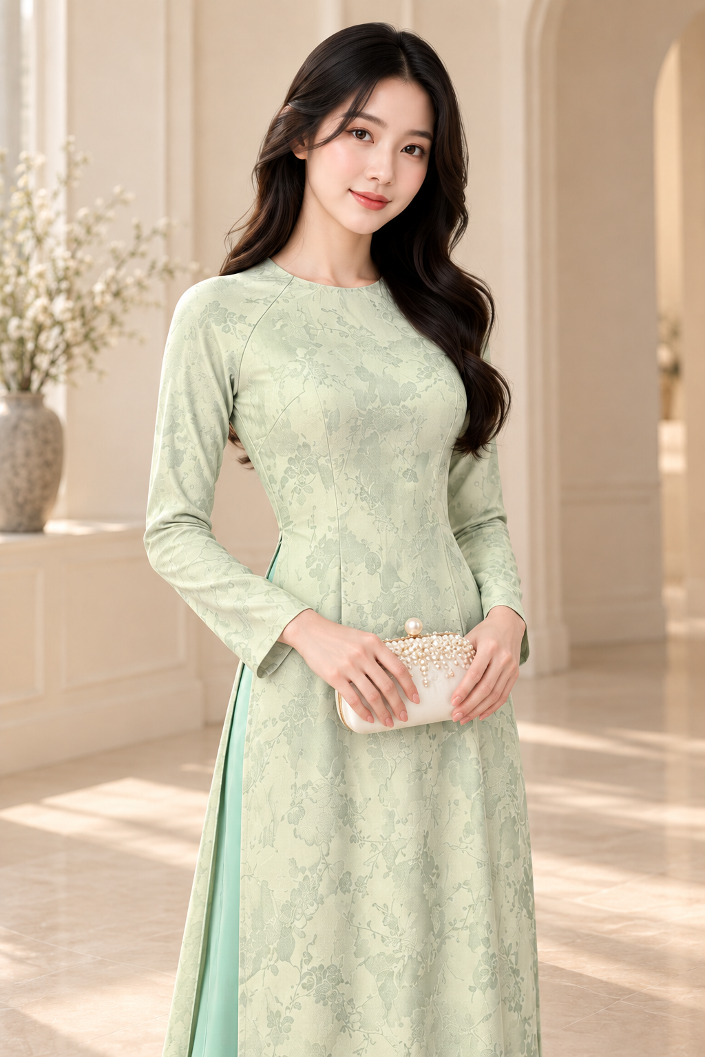 Traditional 5D Silk Áo Dài –  Mint Green