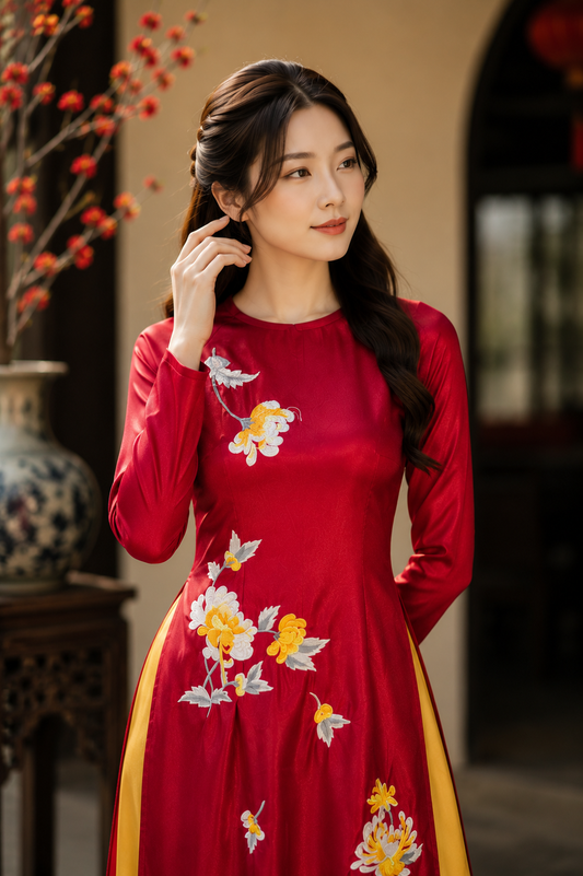 Chrysanthemum Embroidered Silk Ao Dai Set – Ruby Red