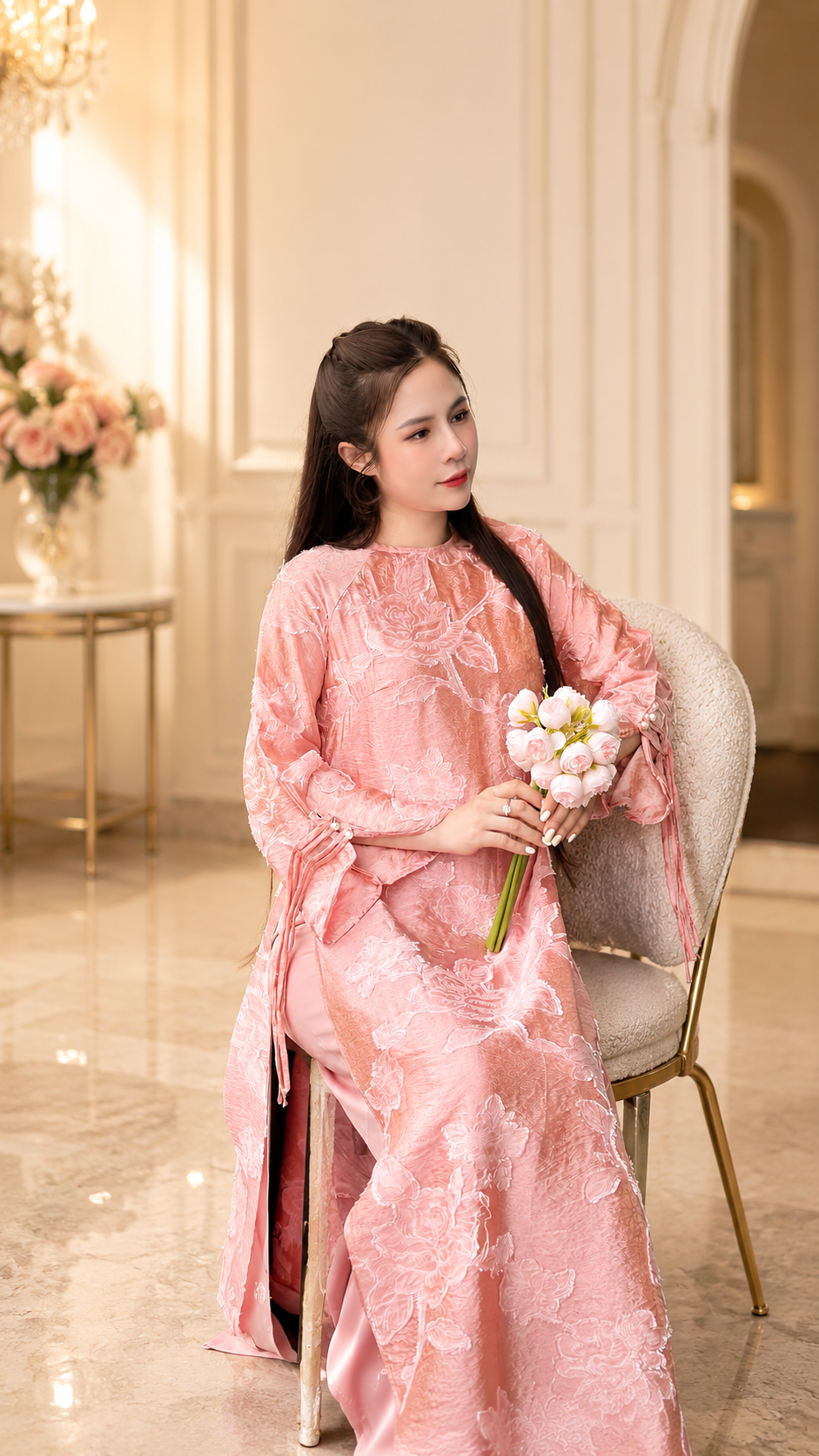 Modern Floral Fabric Áo dài - Pink