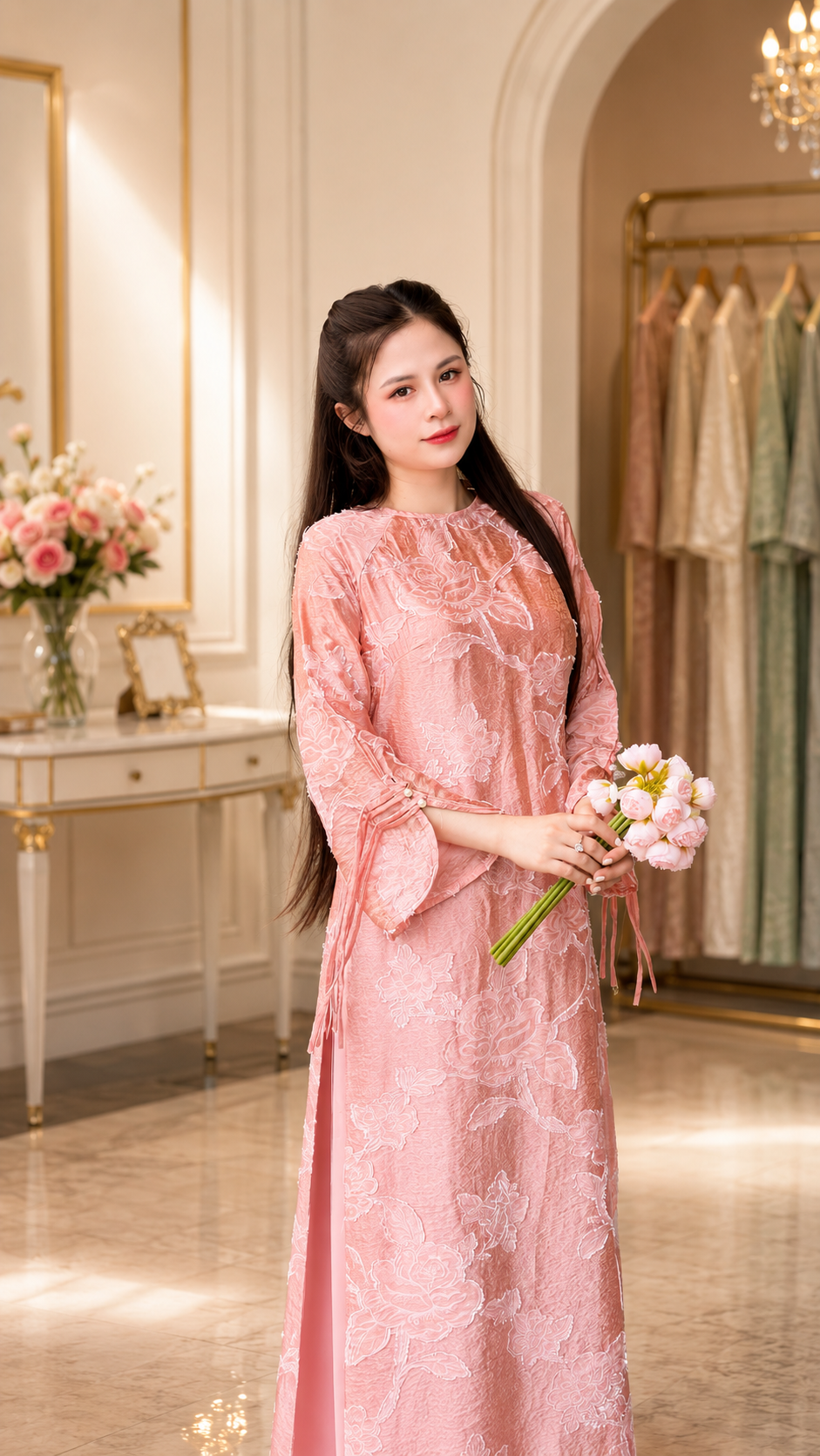 Modern Floral Fabric Áo dài - Pink