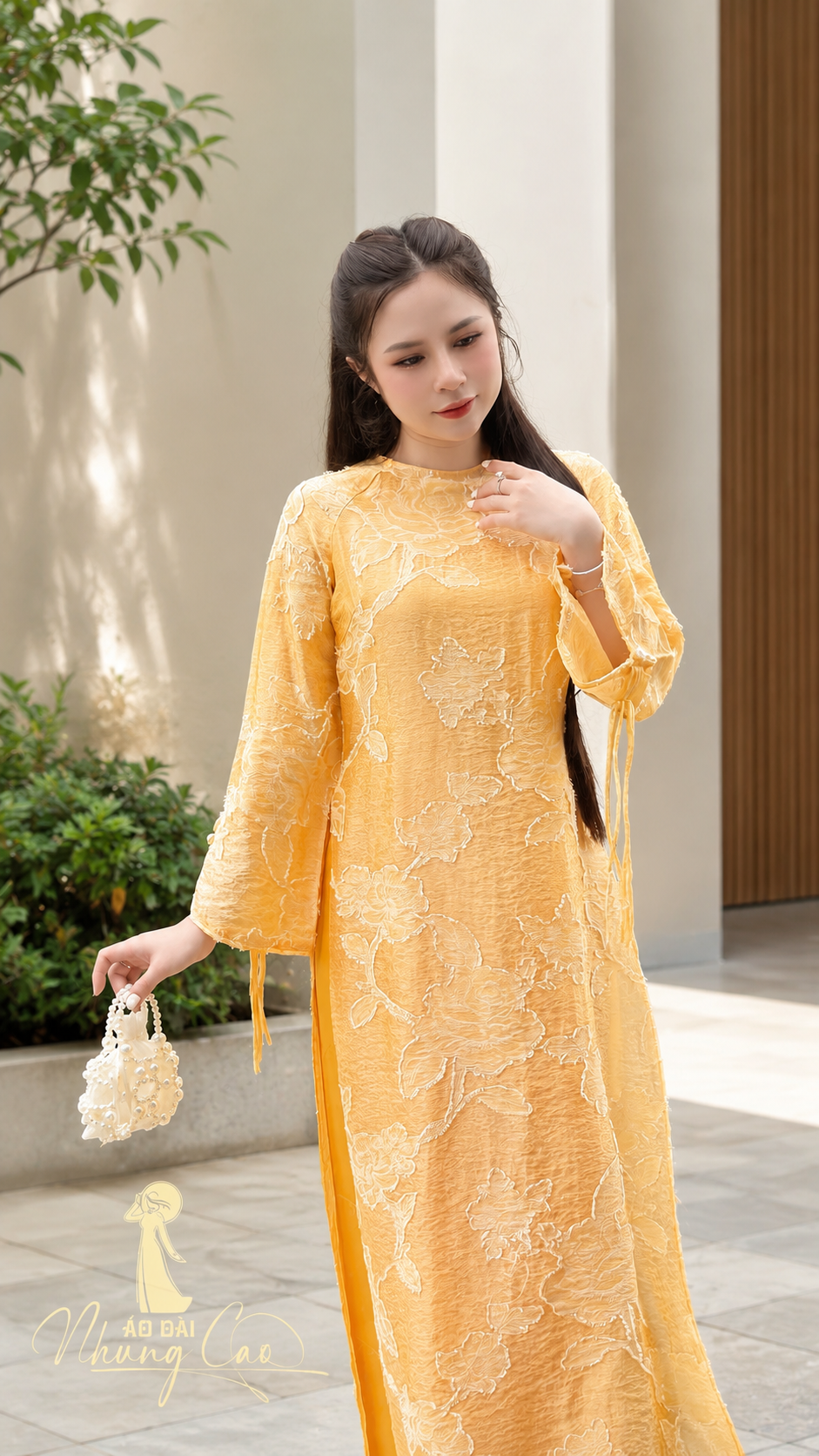 Modern Floral Fabric Áo Dài - Yellow