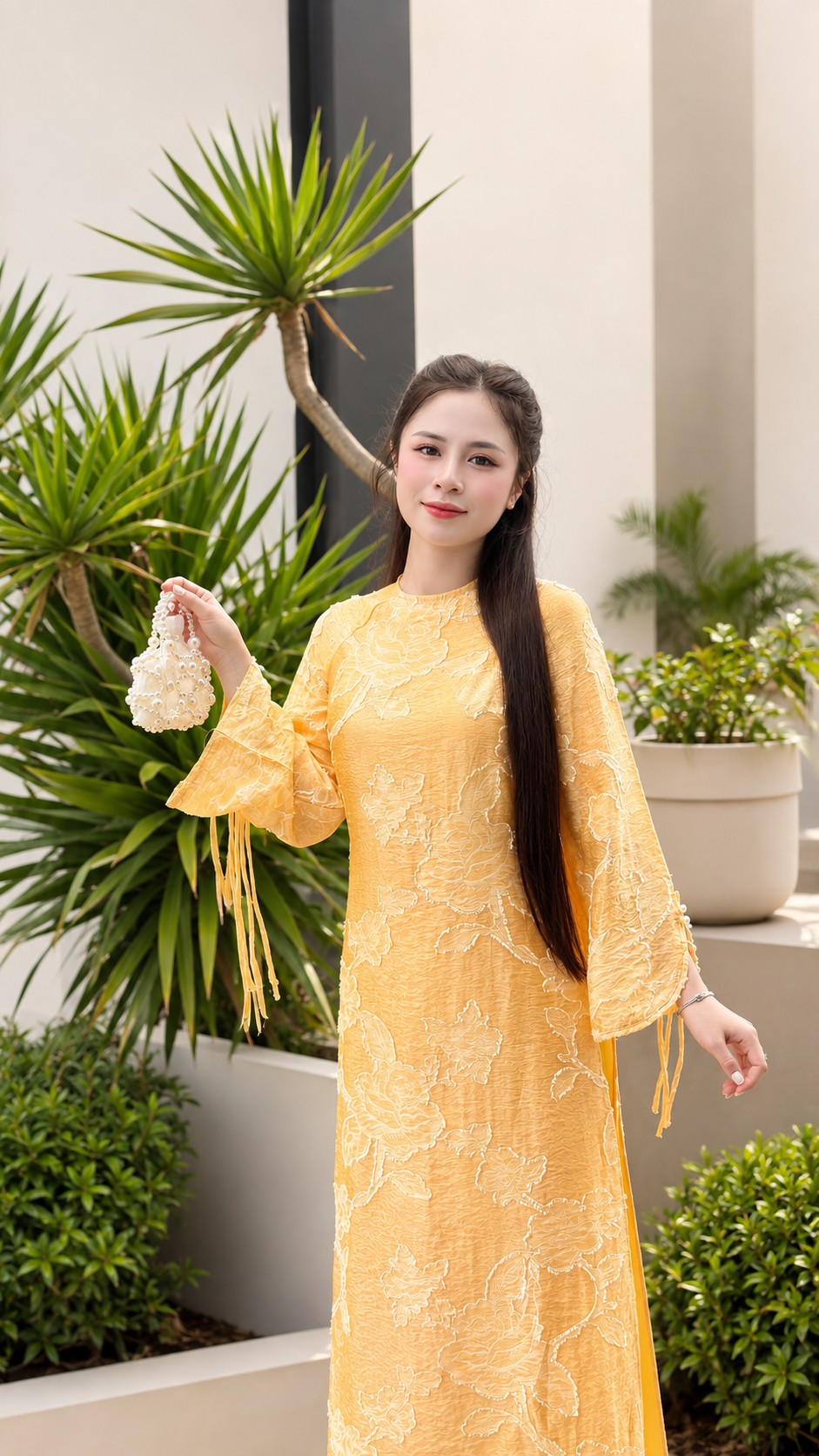 Modern Floral Fabric Áo Dài - Yellow