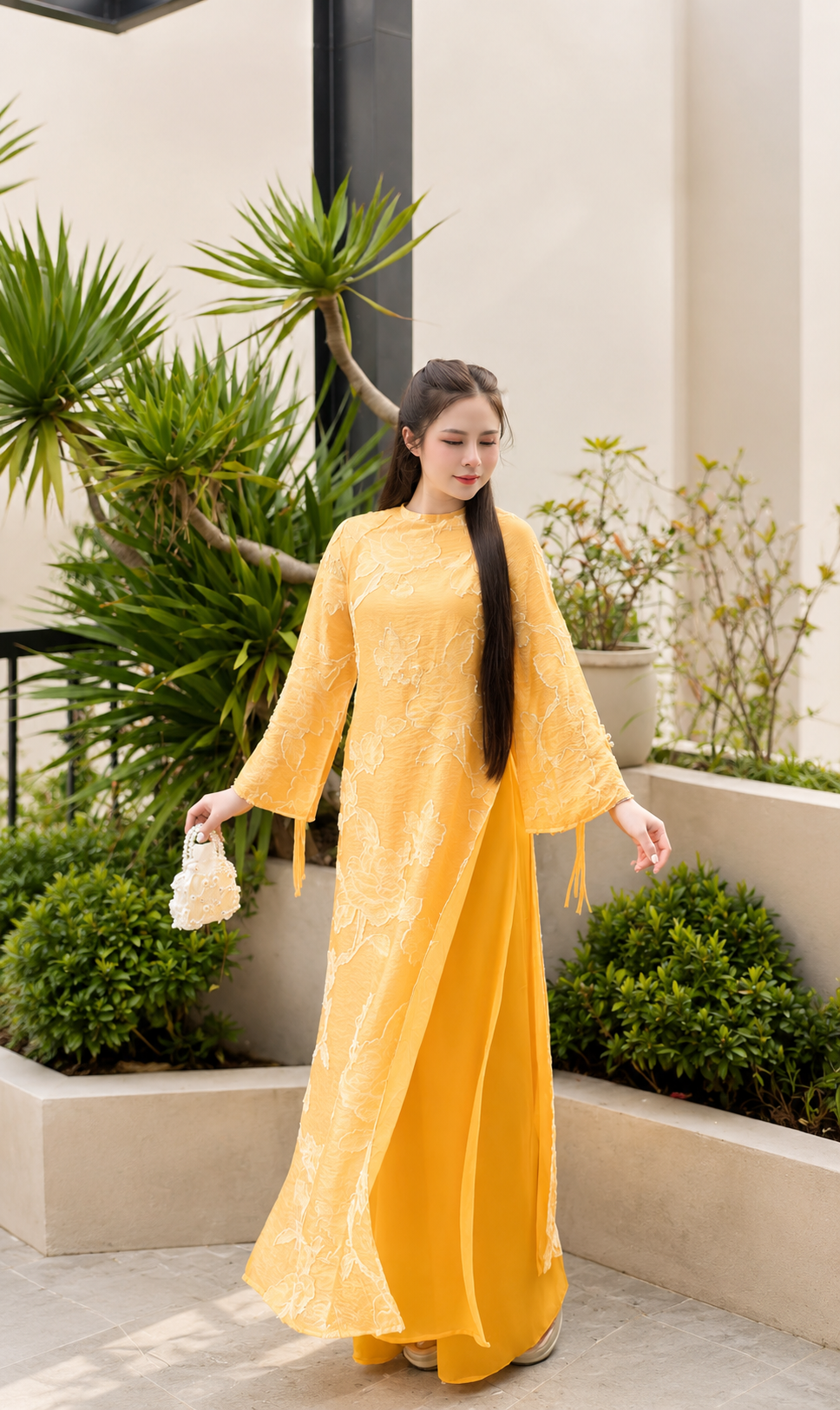 Modern Floral Fabric Áo Dài - Yellow