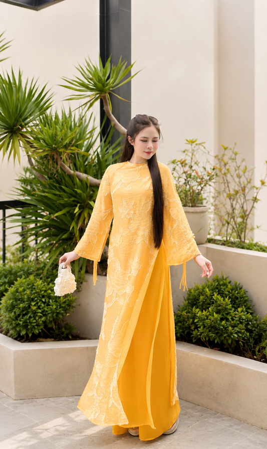 Modern Floral Fabric Áo Dài - Yellow