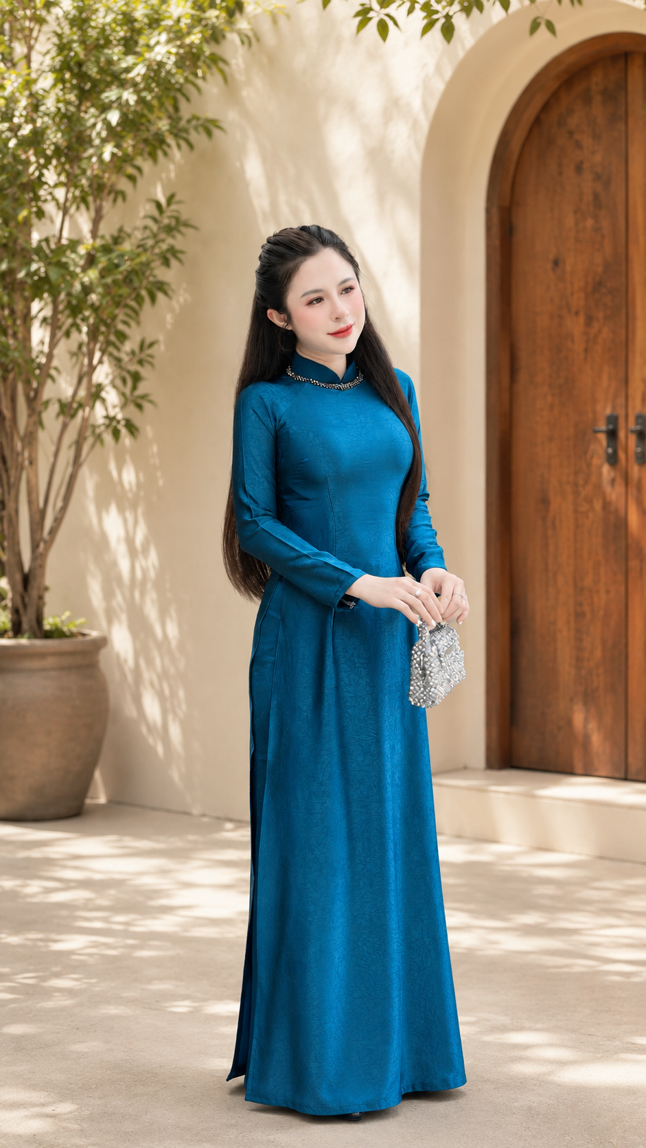 Traditional Indo Silk Áo Dài - peacock blue