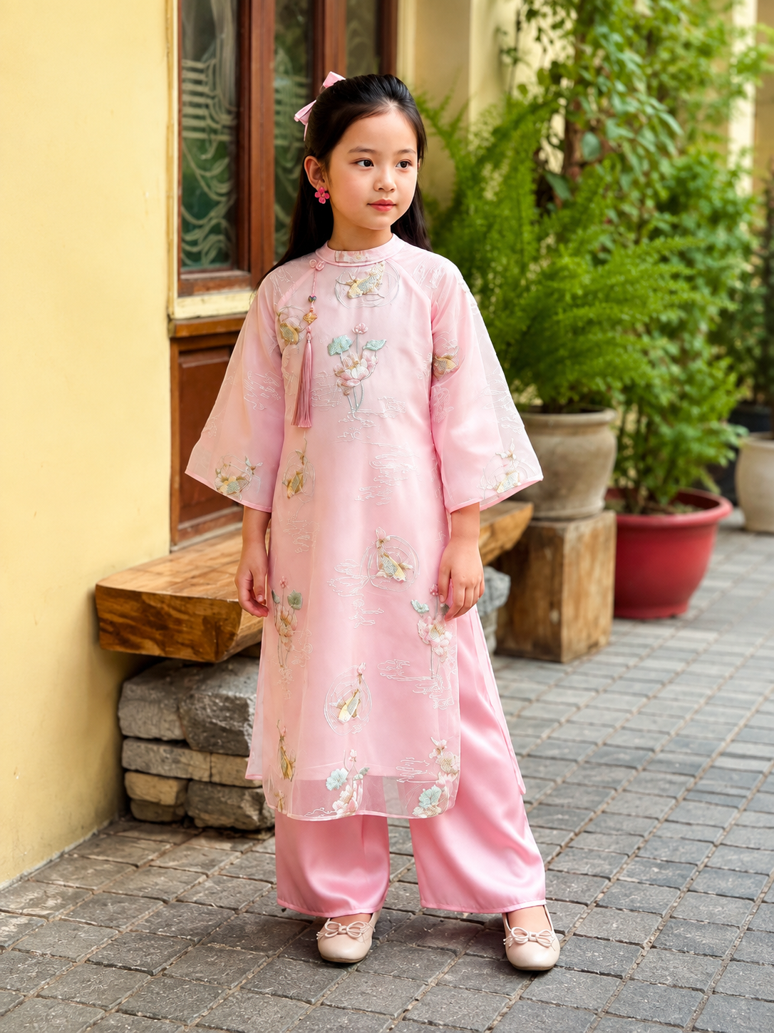 Girls’ 4-Panel Áo Dài – Soft Pink Koi Fish Embroidery