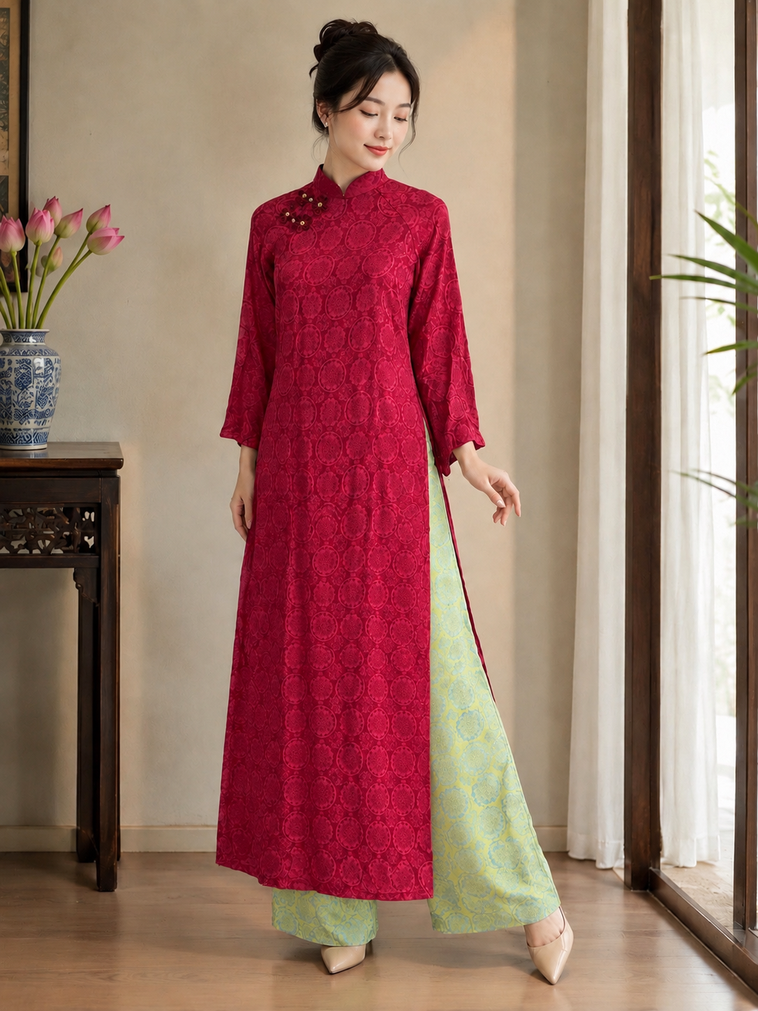 Modern Silk Ao Dai - Red with light green pants