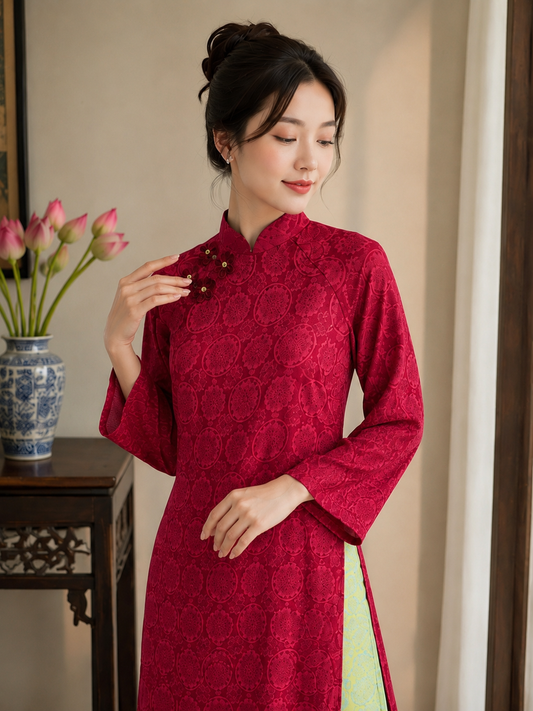 Modern Silk Ao Dai - Red with light green pants