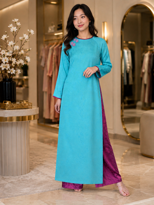 Modern Tencel Ao Dai - Turquoise and purple pants