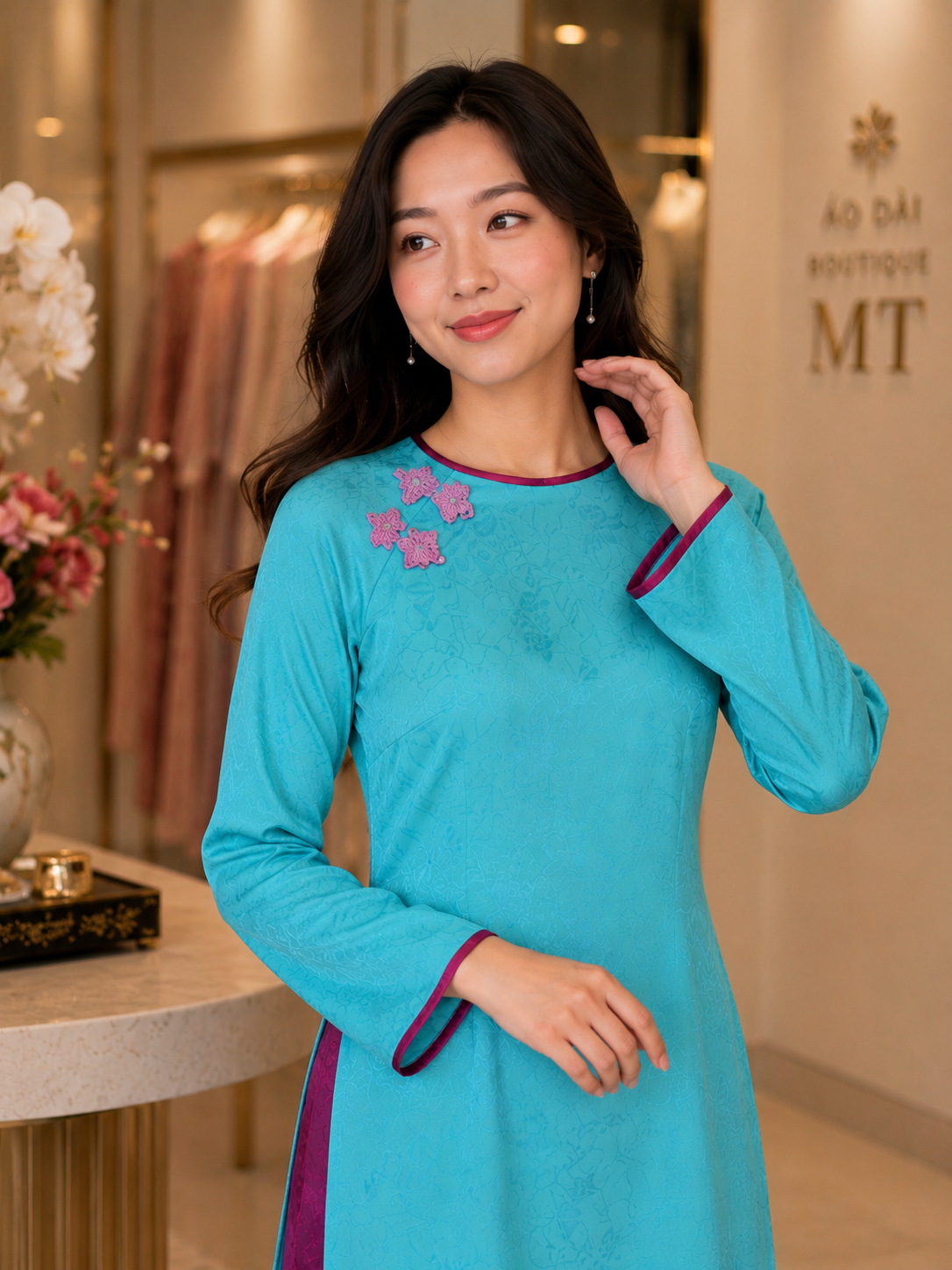 Modern Tencel Ao Dai - Turquoise and purple pants