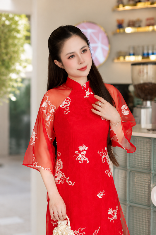 Modern Floral Silk Ao Dai Cach Tan - Red