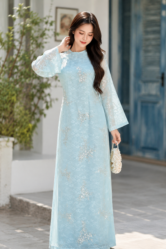 Modern Lace Ao Dai with Crystal-Embellished – Soft Blue