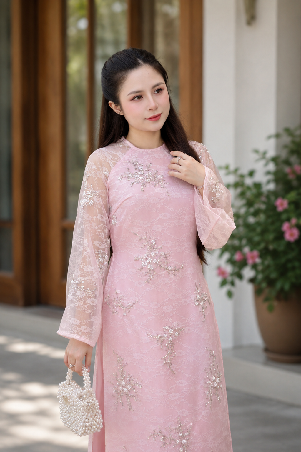 Modern Lace Ao Dai Crystal Embellished – Blush Pink