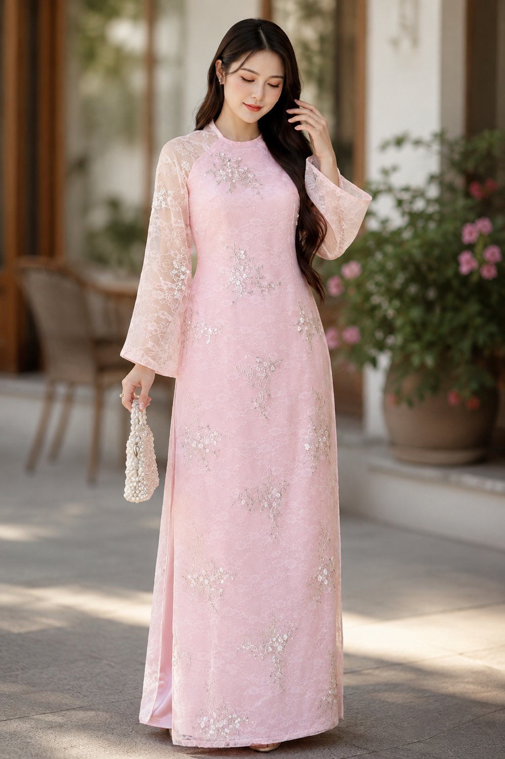 Modern Lace Ao Dai Crystal Embellished – Blush Pink