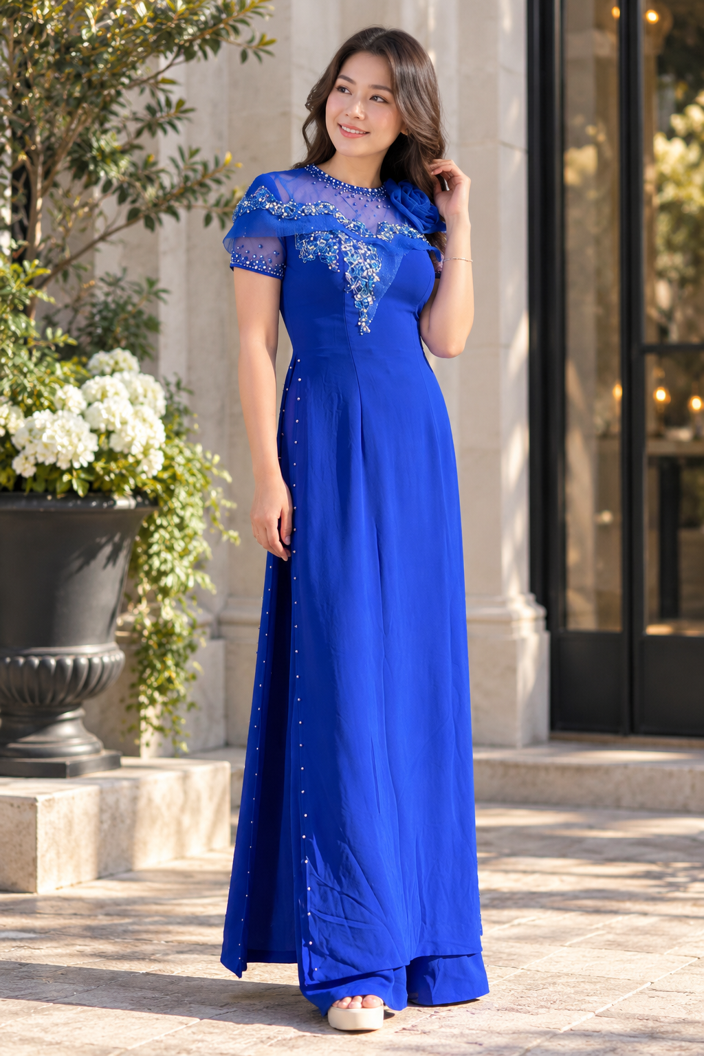 Designer 4-Panel Chiffon Áo Dài – Cobalt Blue