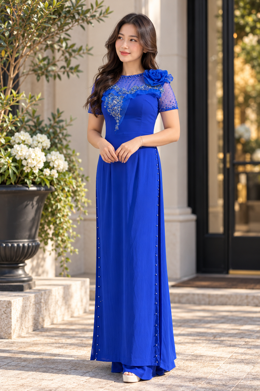 Designer 4-Panel Chiffon Áo Dài – Cobalt Blue